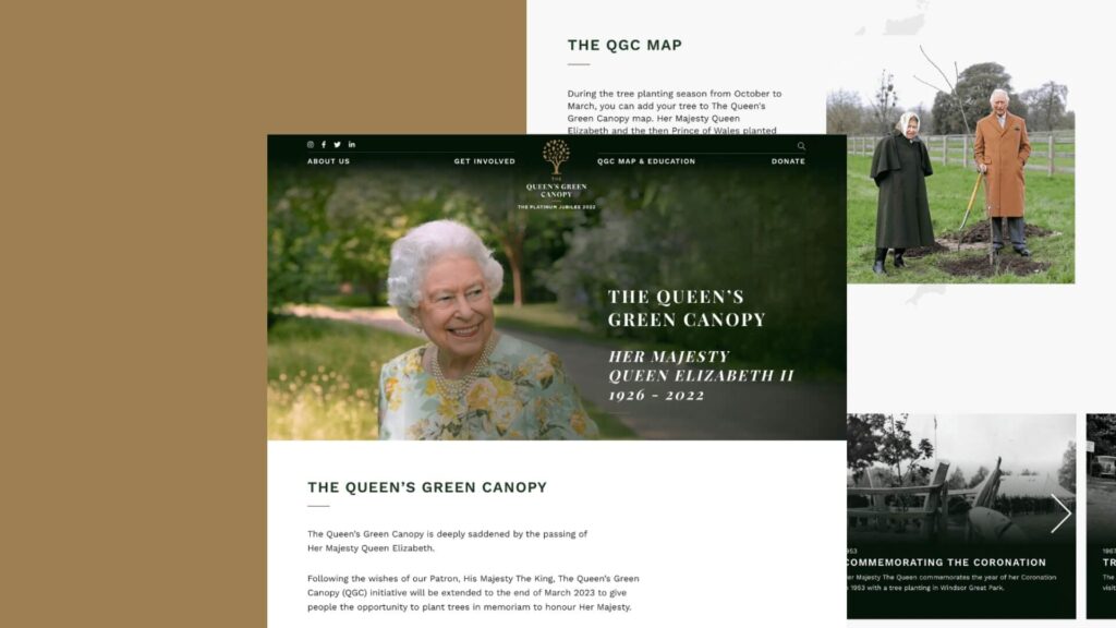 Elegant website design for the Queen's no profit organisation, showcasing lush greenery and floral elements in a harmonious layout